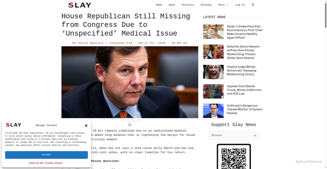 Security scan screenshot of https://slaynews.com/news/gop-congressman-missing-dc-due-unspecified-medical-issue/