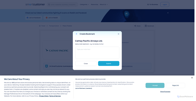 Security scan screenshot of https://www.smartcustomer.com/reviews/cathaypacific.com