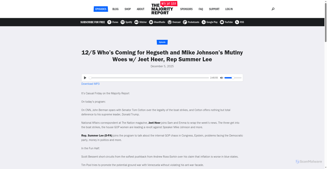 Security scan screenshot of https://majorityreportradio.com/2025/12/05/12-5-whos-coming-for-hegseth-and-mike-johnsons-mutiny-woes-w-jeet-heer-rep-summer-lee