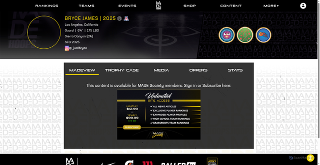 Security scan screenshot of https://www.madehoops.com/PlayerProfile_Bryce-James-2025