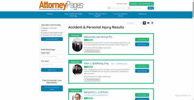 Security scan screenshot of https://www.attorneypages.com/accident-personal-injury