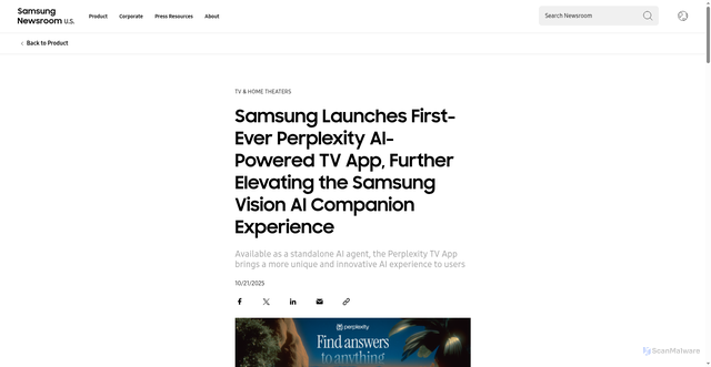 Security scan screenshot of https://news.samsung.com/us/samsung-launches-first-ever-perplexity-ai-powered-tv-app-further-elevating-samsung-vision-ai-companion-experience/