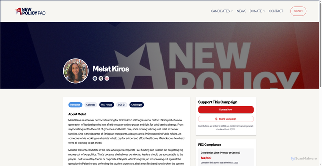 Security scan screenshot of https://platform.anewpolicypac.org/candidates/melat-kiros