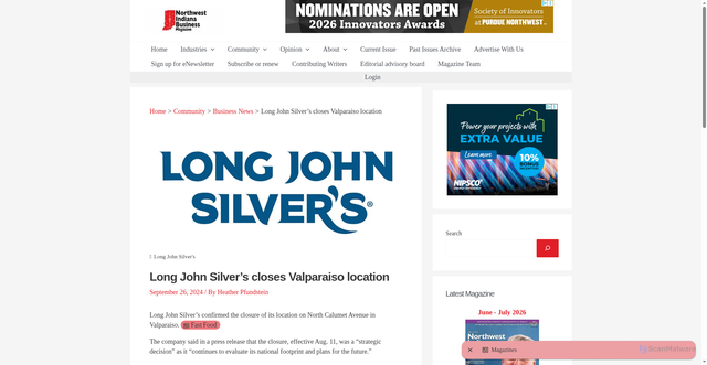 Security scan screenshot of https://nwindianabusiness.com/community/business-news/long-john-silvers-closes-valparaiso-location/66727/