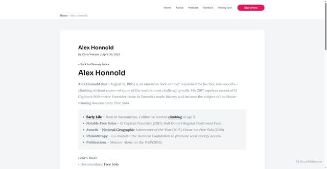 Security scan screenshot of https://adventurediaries.com/glossary/alex-honnold/