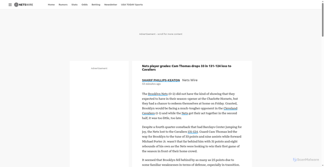 Security scan screenshot of https://netswire.usatoday.com/story/sports/nba/nets/2025/10/24/nets-player-grades-cam-thomas-drops-33-in-131-124-loss-to-cavaliers/86886357007/