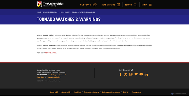 Security scan screenshot of https://shadygrove.usmd.edu/campus-resources/public-safety/tornado-watches-warnings