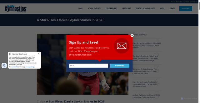 Security scan screenshot of https://www.insidegymnastics.com/issue-previews/a-star-rises-danila-leykin-shines-in-2026-2/