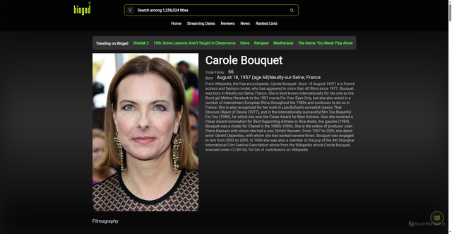 Security scan screenshot of https://www.binged.com/bng_actor/carole-bouquet/