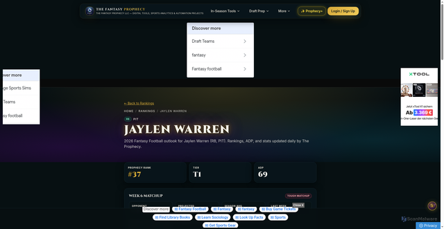 Security scan screenshot of https://thefantasyprophecy.com/players/jaylen-warren-pit
