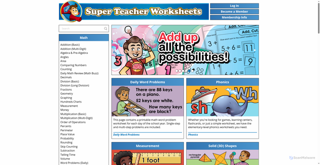Security scan screenshot of https://superteacherworksheets.com