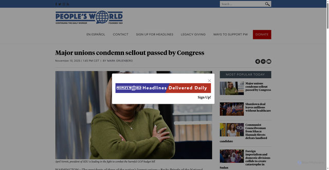 Security scan screenshot of https://www.peoplesworld.org/article/major-unions-condemn-sellout-passed-by-congress/
