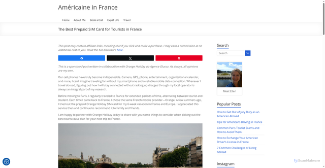 Security scan screenshot of https://www.americaineinfrance.com/2021/12/06/best-prepaid-sim-card-for-tourists-in-france/