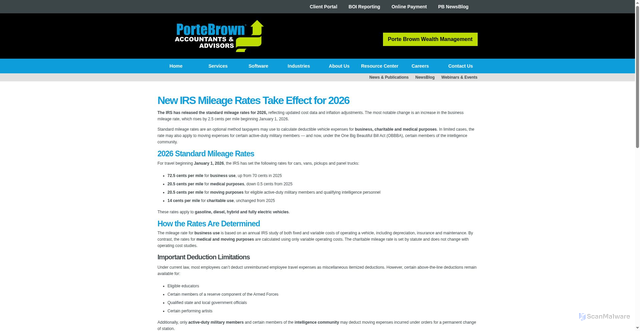 Security scan screenshot of https://www.portebrown.com/newsblog-archive/new-irs-mileage-rates-take-effect-for-2026