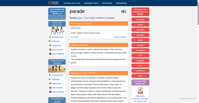 Security scan screenshot of https://www.betterwordsonline.com/dictionary/parade