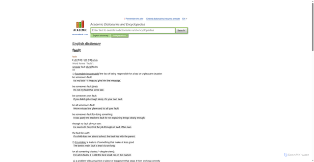 Security scan screenshot of https://english_dictionary.en-academic.com/16774/fault