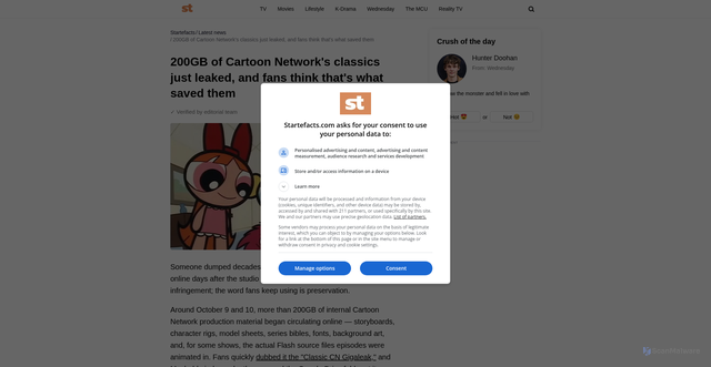 Security scan screenshot of https://startefacts.com/news/200gb-of-cartoon-network-s-classics-just-leaked-and-fans-think-that-s-what-saved-them