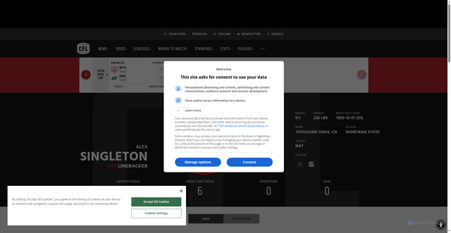 Security scan screenshot of https://www.cfl.ca/players/alex-singleton/162294/