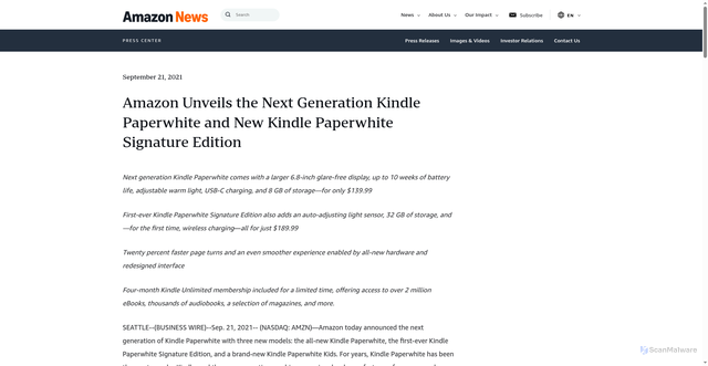 Security scan screenshot of https://press.aboutamazon.com/2021/9/amazon-unveils-the-next-generation-kindle-paperwhite-and-new-kindle-paperwhite-signature-edition