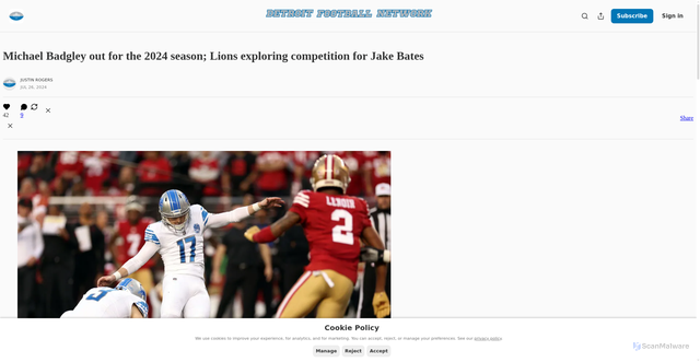 Security scan screenshot of https://www.detroitfootball.net/p/michael-badgley-out-for-the-2024