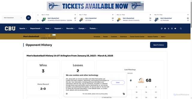 Security scan screenshot of https://cbulancers.com/sports/mens-basketball/opponent-history/ut-arlington/615
