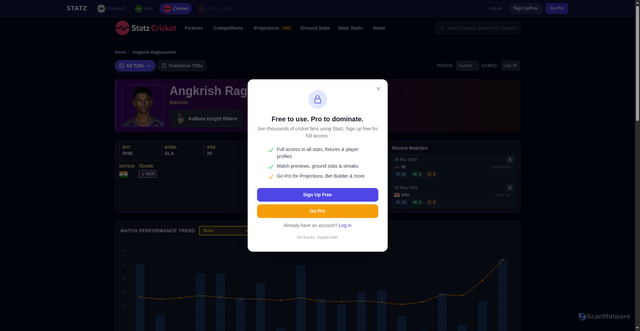 Security scan screenshot of https://statz.ai/cricket/players/angkrish-raghuvanshi