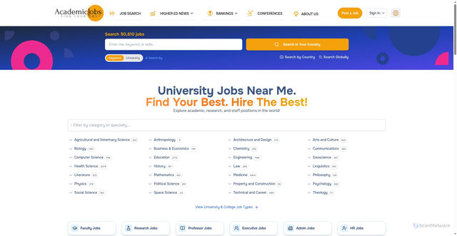 Security scan screenshot of https://academicjobs.com