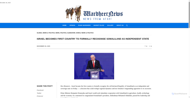 Security scan screenshot of https://wardheernews.com/israel-becomes-first-country-to-formally-recognise-somaliland-as-independent-state/