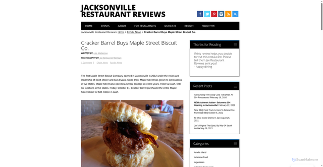 Security scan screenshot of https://www.jaxrestaurantreviews.com/news/cracker-barrel-buys-maple-street/