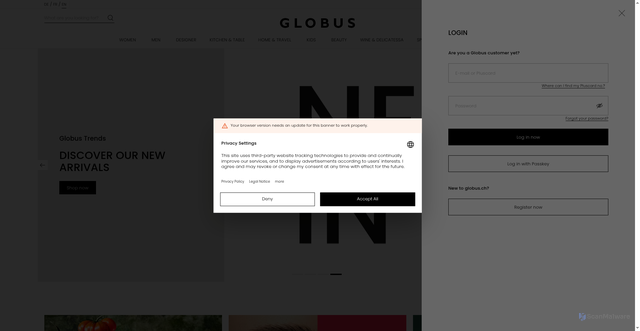 Security scan screenshot of https://www.globus.ch/?m=login&runMode=profile&targetURI=/profil/pluscardpersonalcoupons&sc_src=email_4269644&sc_lid=293479910&sc_uid=zP3R20i424&sc_llid=527844&sc_customer=0327f37c9208167d9b0b5fb90d68e28589aef0066bddedd98d9d5328a5adbcbc&utm_source=newsletter_de&utm_medium=email&utm_campaign=20260916_prom_beautydays_start_calvinklein_DE_4269644&guid=0327f37c9208167d9b0b5fb90d68e28589aef0066bddedd98d9d5328a5adbcbc&utm_content=