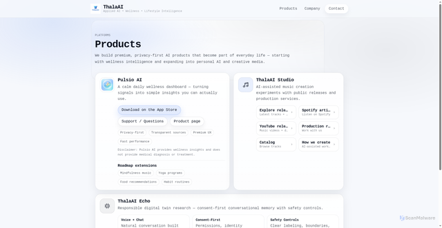 Security scan screenshot of https://thalaai.com/products/