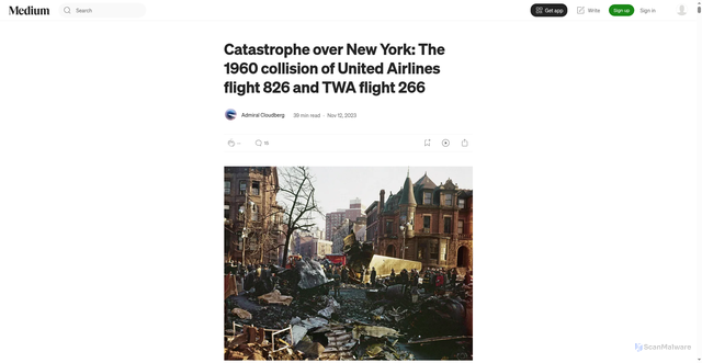 Security scan screenshot of https://admiralcloudberg.medium.com/catastrophe-over-new-york-the-1960-collision-of-united-airlines-flight-826-and-twa-flight-266-2310331dd57c
