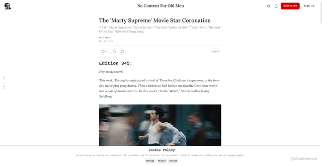 Security scan screenshot of https://mattcraig.substack.com/p/the-marty-supreme-movie-star-coronation