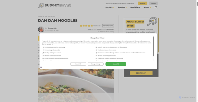 Security scan screenshot of https://www.budgetbytes.com/dan-dan-noodles/