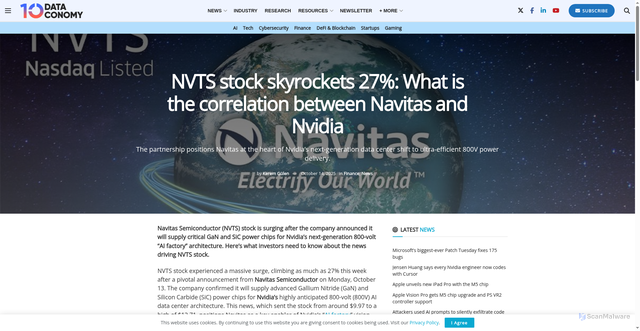 Security scan screenshot of https://dataconomy.com/2025/10/14/nvts-stock-skyrockets-27-percent/