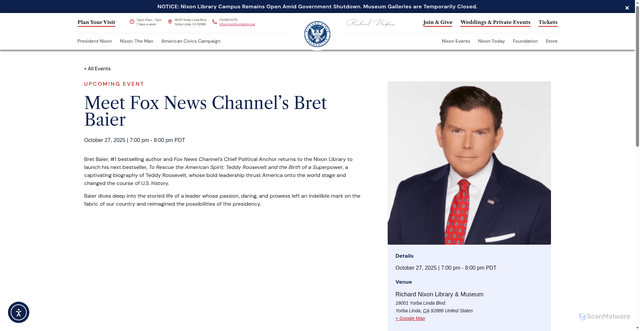 Security scan screenshot of https://www.nixonfoundation.org/event/meet-fox-news-channels-bret-baier/