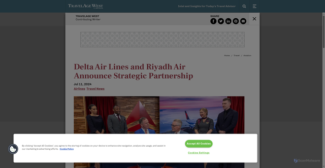 Security scan screenshot of https://www.travelagewest.com/Travel/Aviation/delta-air-lines-partnership-with-riyadh-air