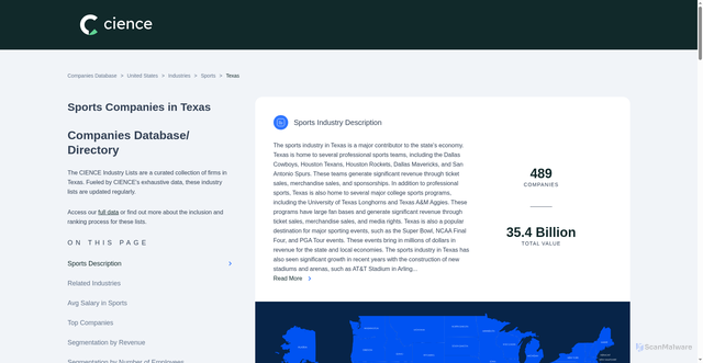 Security scan screenshot of https://www.cience.com/companies-database/united-states/sports/texas