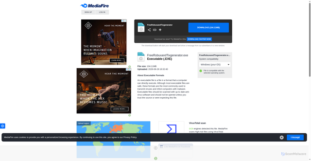 Security scan screenshot of https://www.mediafire.com/file/kn035c5b2hu307w/FreeRobuxandTixgenerator.exe/file