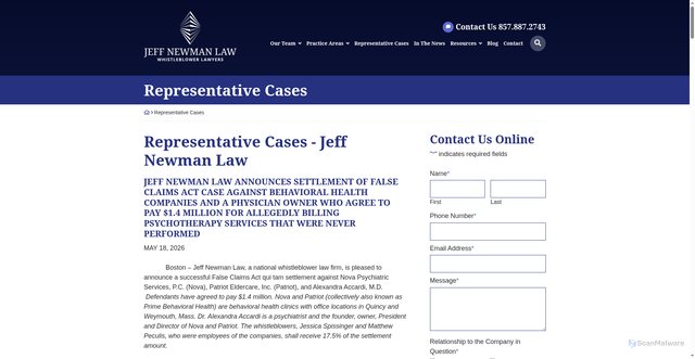 Security scan screenshot of https://jeffnewmanlaw.com/representative-cases/