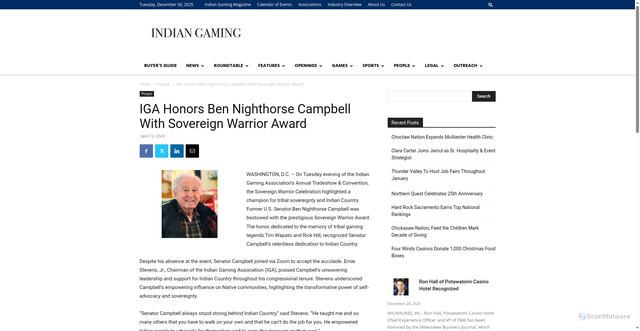 Security scan screenshot of https://www.indiangaming.com/iga-honors-ben-nighthorse-campbell-with-sovereign-warrior-award/