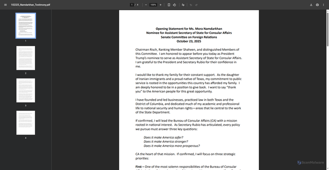 Security scan screenshot of https://www.foreign.senate.gov/download/10/27/2025/102325_namdarkhan_testimonypdf