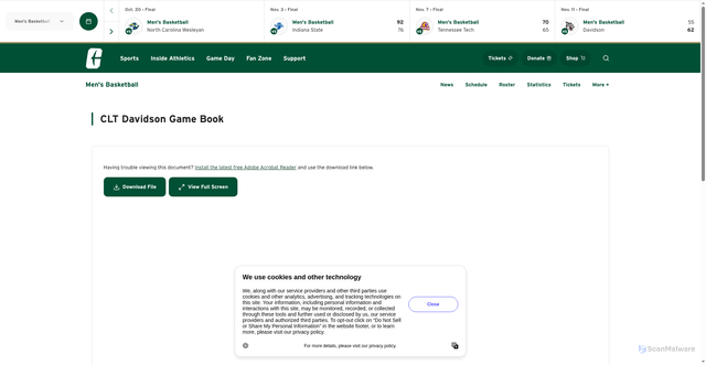 Security scan screenshot of https://charlotte49ers.com/documents/2025/11/12/CLT-Davidson_Game_Book.PDF