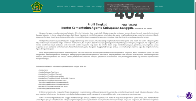 Security scan screenshot of https://kemenagsanggau.com/Profil/sejarah/