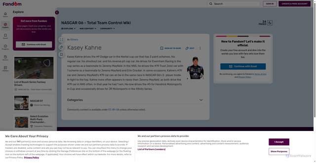 Security scan screenshot of https://nascar06totalteamcontrol.fandom.com/wiki/Kasey_Kahne