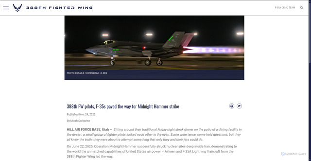 Security scan screenshot of https://www.388fw.acc.af.mil/News/Article-Display/Article/4341061/388th-fw-pilots-f-35s-paved-the-way-for-midnight-hammer-strike/