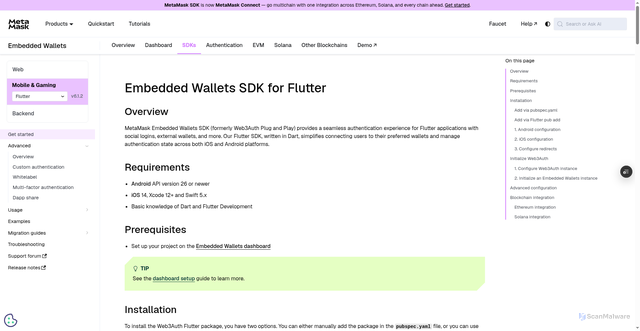 Security scan screenshot of https://metamask-docs-git-dependabot-npmandya-95394d-consensys-ddffed67.vercel.app/embedded-wallets/sdk/flutter