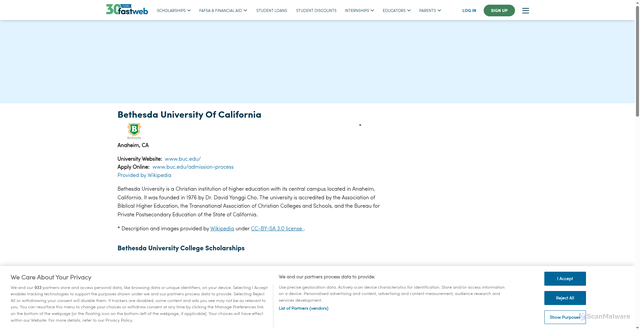 Security scan screenshot of https://www.fastweb.com/directory/college/bethesda-university-of-california-scholarships