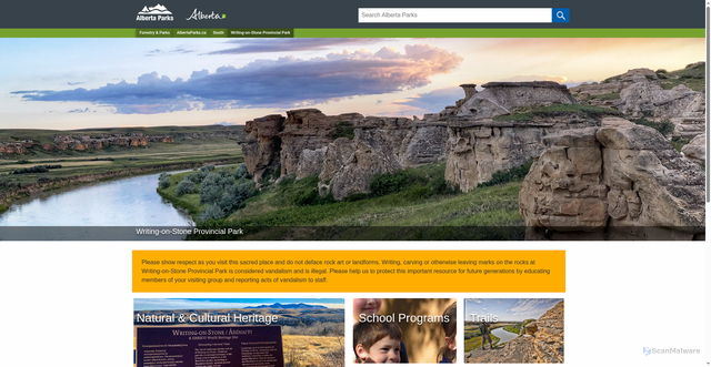 Security scan screenshot of https://www.albertaparks.ca/parks/south/writing-on-stone-pp/