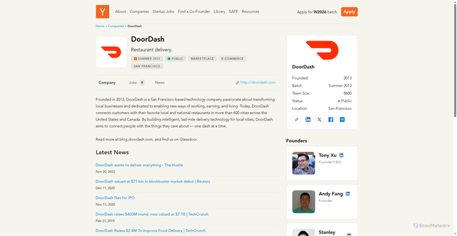 Security scan screenshot of https://www.ycombinator.com/companies/doordash